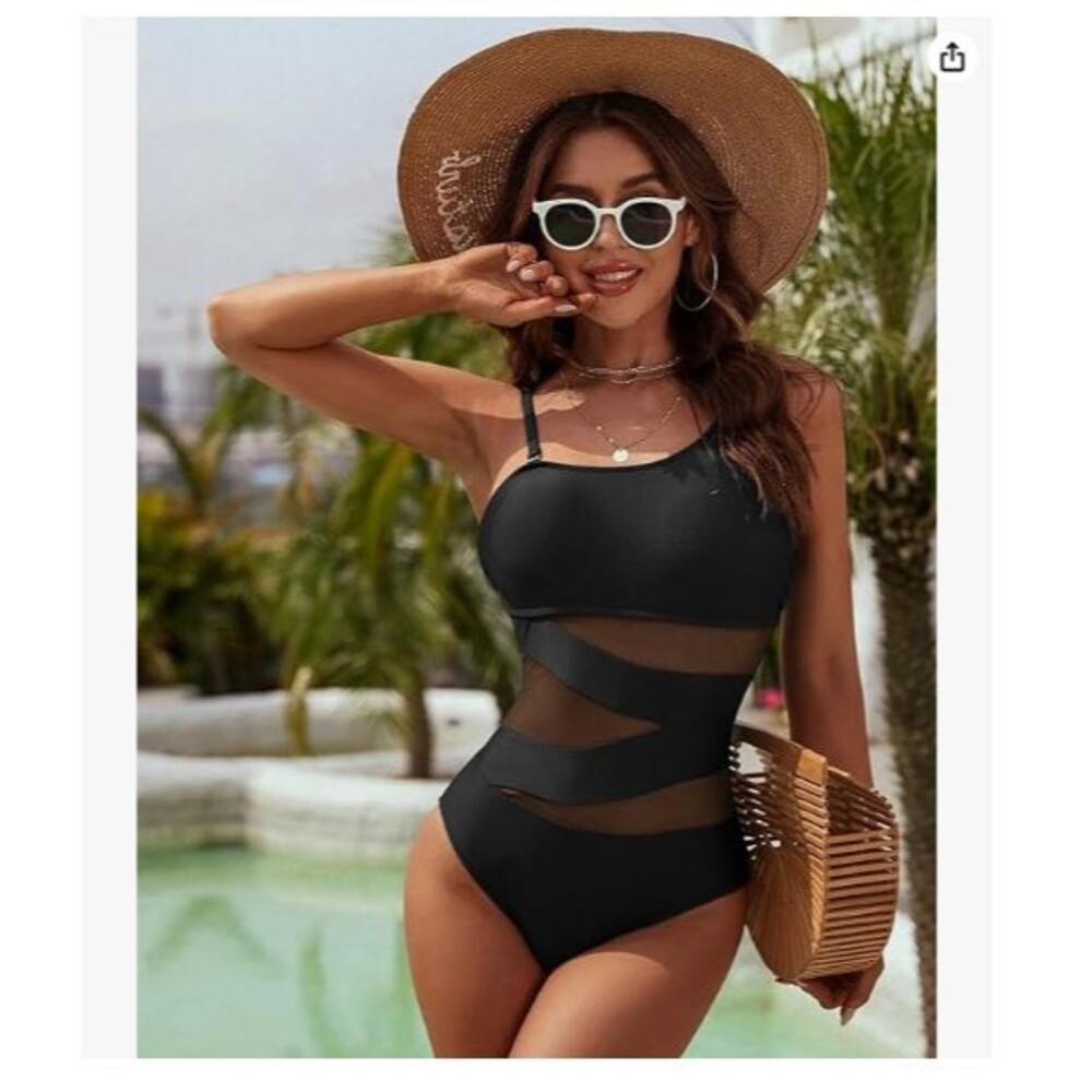 Women's Mesh Sexy One Piece Swimming Suits XS Black One Shoulder